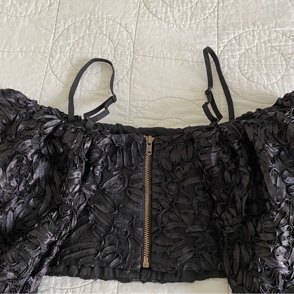 NWT ASOS LUXE Black Off Shoulder Crop Top & Wide Leg Sheer Lace Trousers Size 2 - Picture 3 of 15
